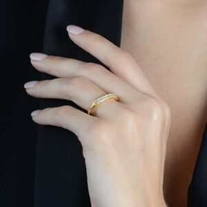 Anel Dourado Aparador de Aliança Duplo Cravejado de Zircônia - Ouro 24K